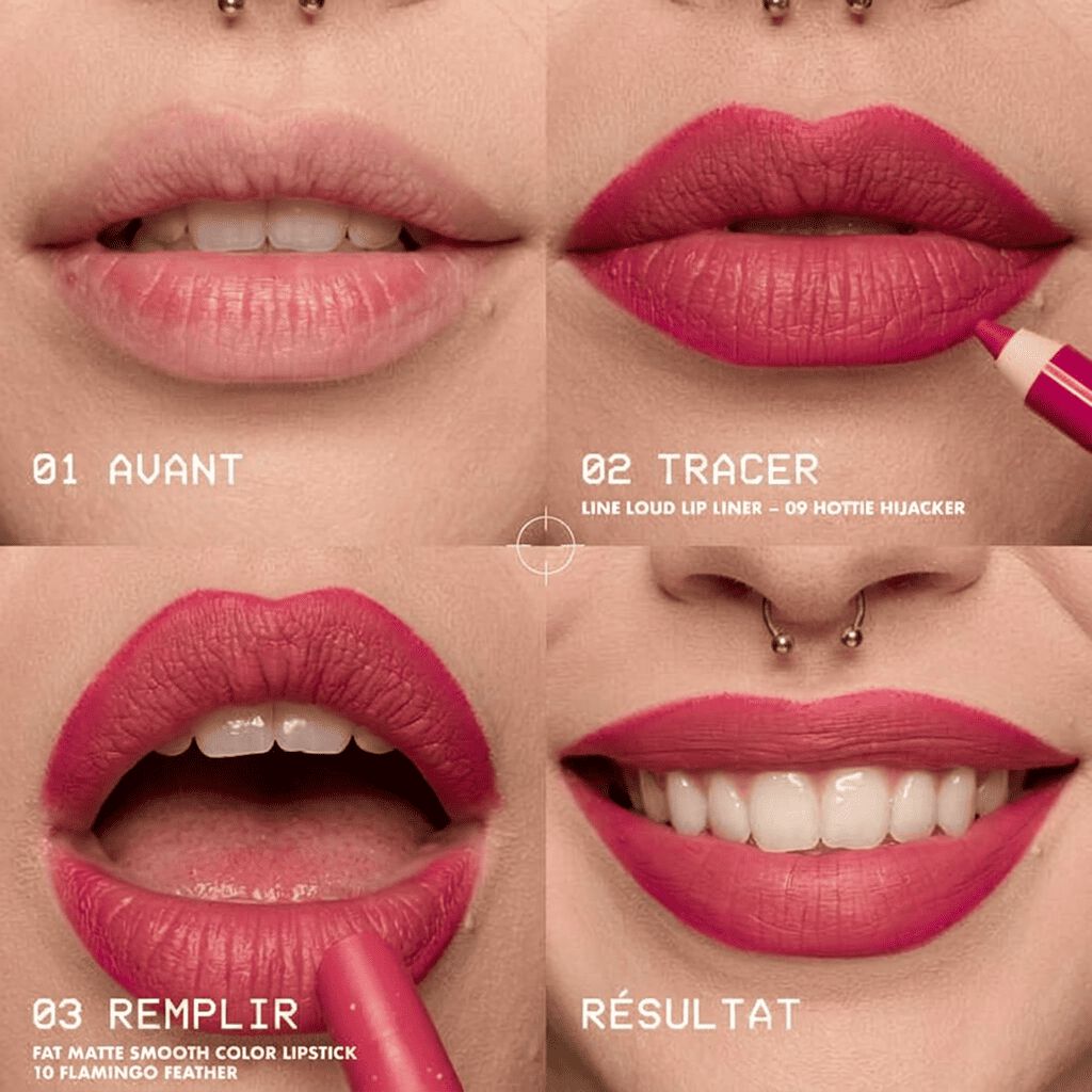 NYX Professional Makeup Fat Matte Smooth Color Lipstick in shade Flamingo Feather lip tutorial showing before, line with lip liner, fill with matte lipstick, and final bright pink lip result.