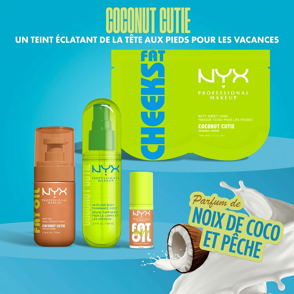 Smells like coconut & peach - NYX Professional Makeup Fat Oil Lip Drip and other Coconut Cutie products on teal blue background with coconut imagery.