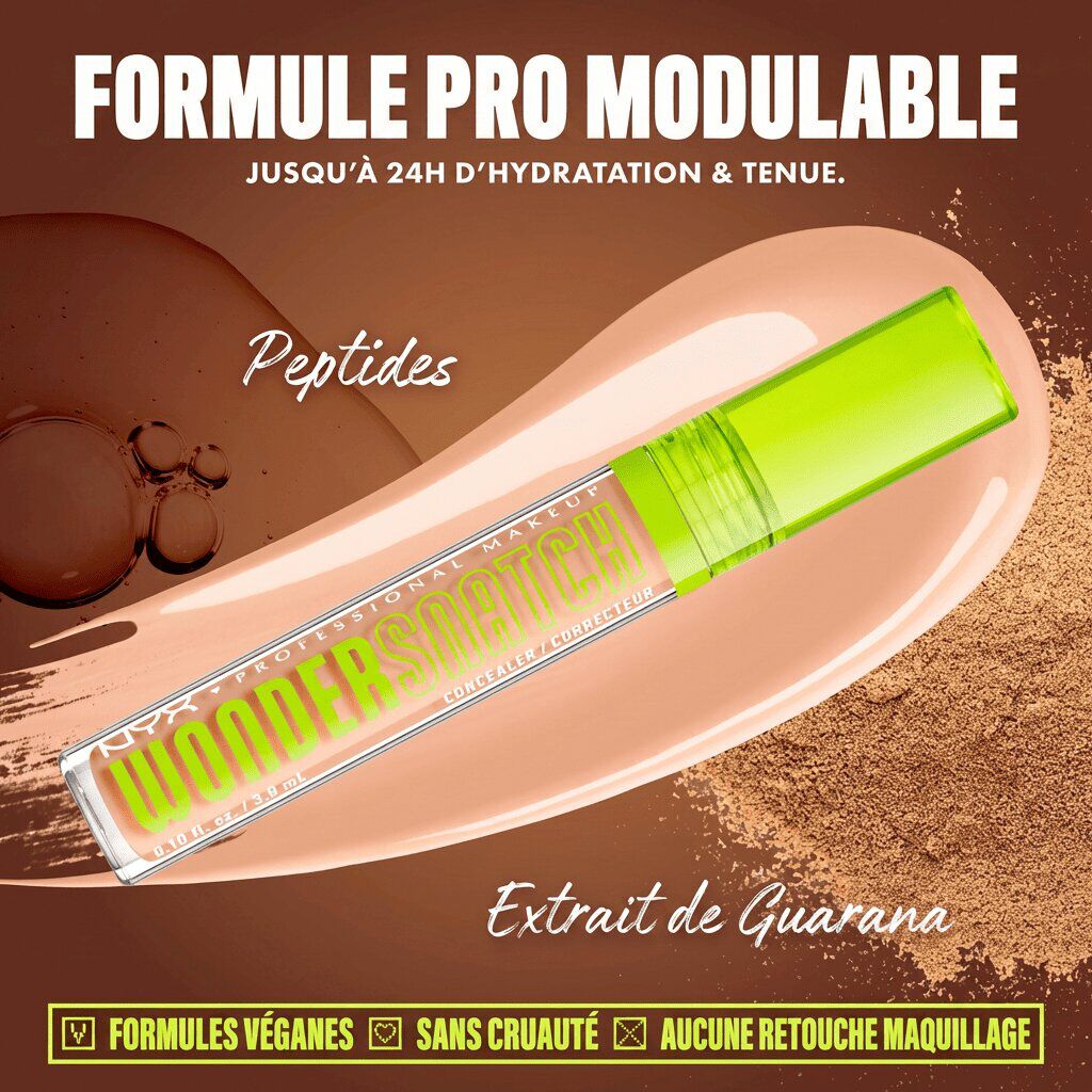 Wonder Snatch(TM) Concealer image with text: "Buildable Pro Formula. Up to 24H Hydration & Wear. Peptides. Guarana extract. Vegan Formulas. Cruelty Free. No Makeup Retouching."