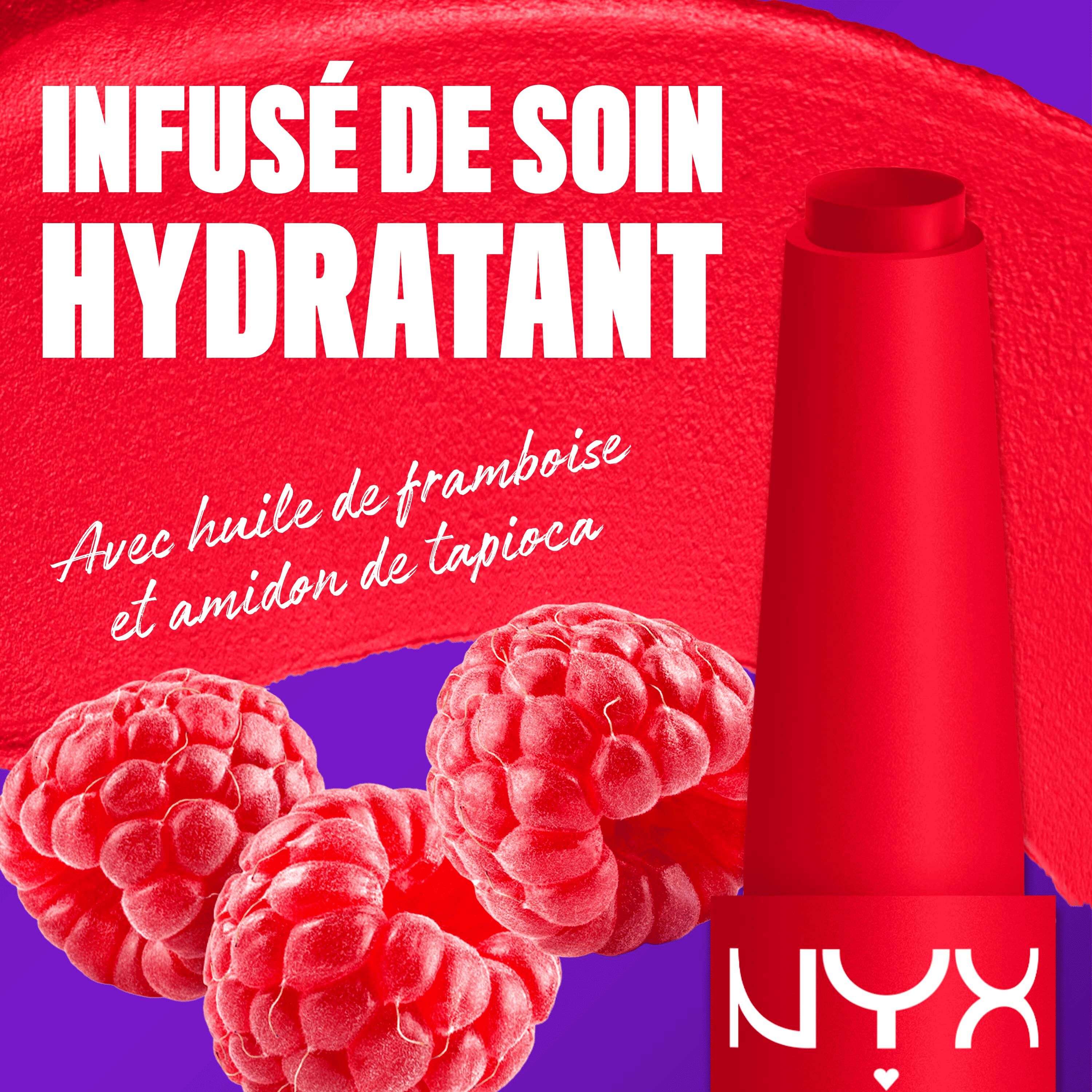 NYX Professional Makeup Fat Matte Smooth Color Lipstick infused with raspberry oil and tapioca powder for soft, smooth creamy matte lip color.