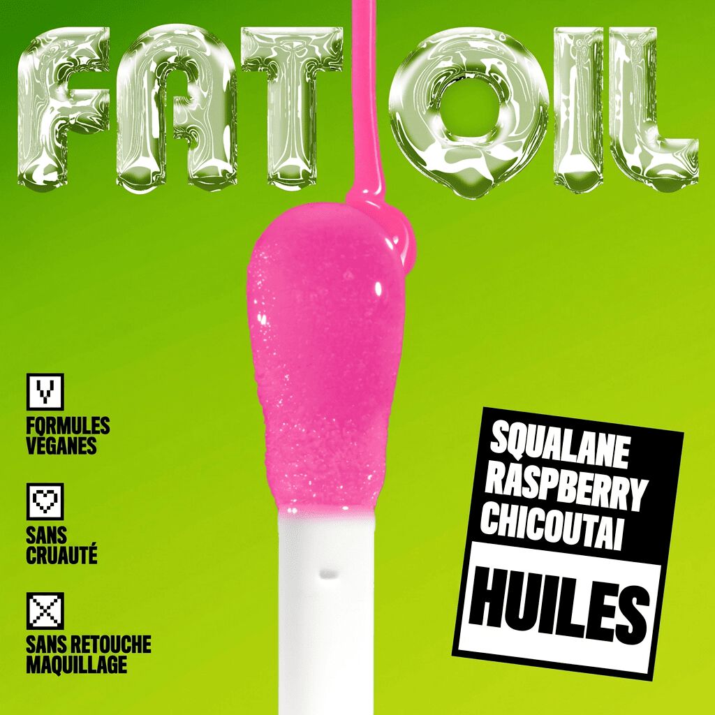 Fat Oil Lip Drip applicator with glossy pink oil against neon green background, highlighting vegan formula, cruelty-free claim, no makeup retouching, and squalane, raspberry, and cloudberry oils.