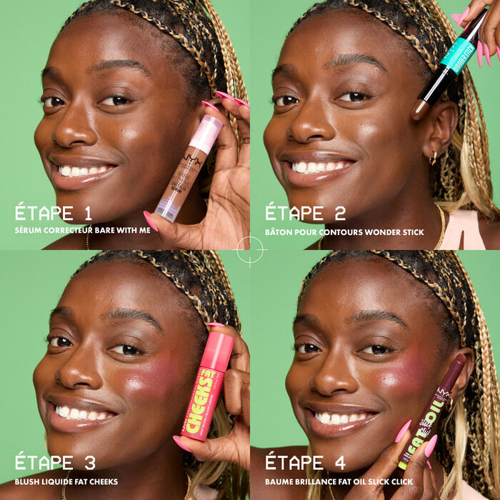 model showing 4 step makeup routine with Bare With Me Concealer, WonderStick, Fat Cheeks Blush, and Fat Oil Slick Click