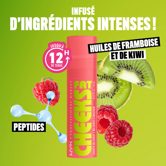 Fat Cheeks Juicy Blush with kiwis, raspberries, and artistic rendering of peptides to show hydrating ingredients