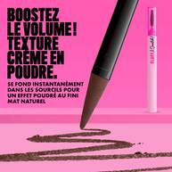 NYX Fluff and Snatch Brow Powder Pen with product swatch and benefits text on a pink background in shade 06 Brunette