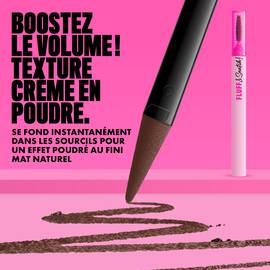 NYX Fluff and Snatch Brow Powder Pen with product swatch and benefits text on a pink background in shade 06 Brunette