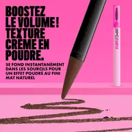 NYX Fluff and Snatch Brow Powder Pen with product swatch and benefits text on a pink background in shade 06 Brunette