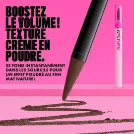 NYX Fluff and Snatch Brow Powder Pen with product swatch and benefits text on a pink background in shade 06 Brunette