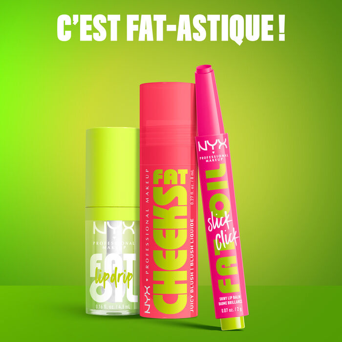 Fat Oil Lip Drip, Fat Cheeks Juicy Blush, and Fat Oil Slick Click together with text "Fat Shine, Now For Cheeks!"
