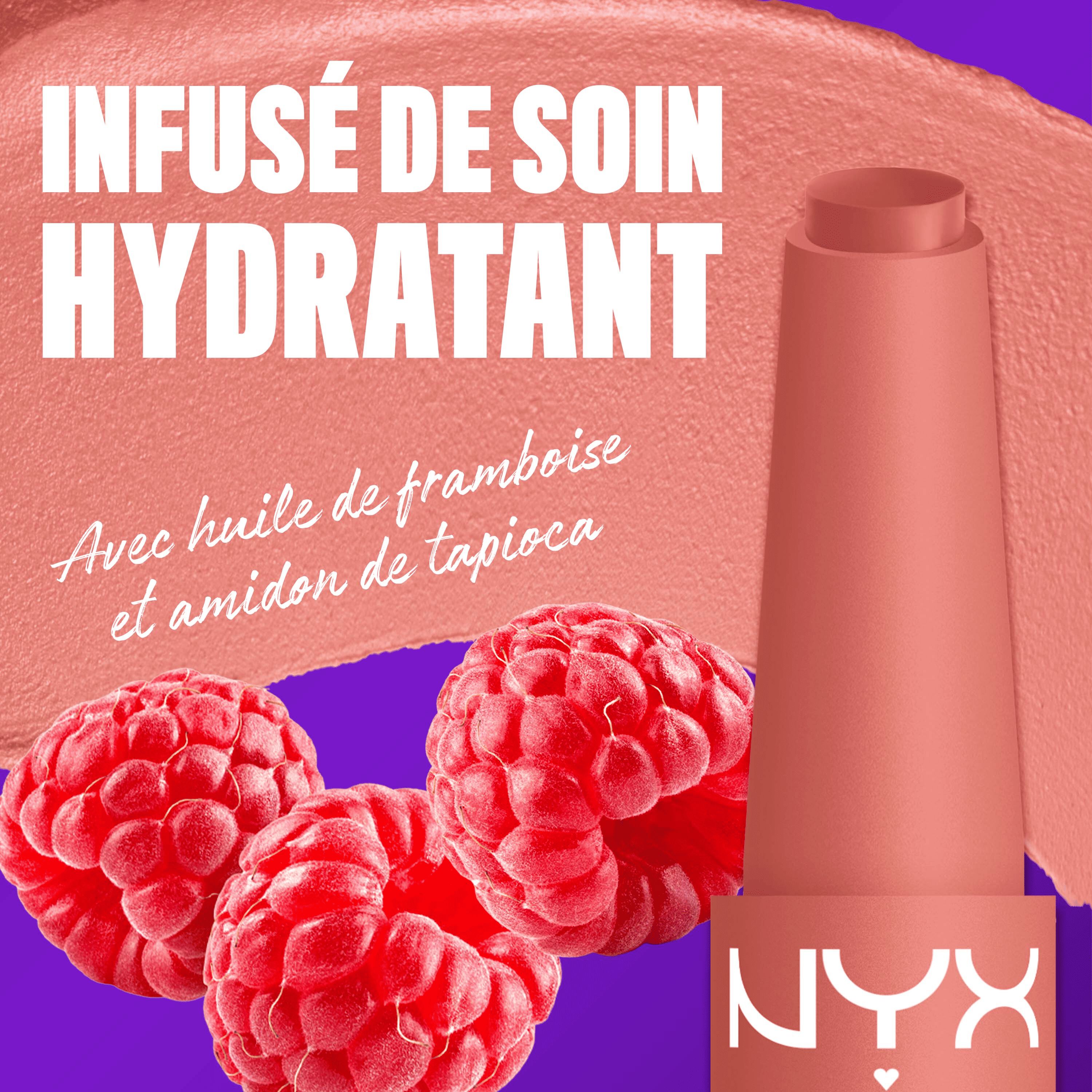 NYX Professional Makeup Fat Matte Smooth Color Lipstick infused with raspberry oil and tapioca powder for soft, smooth creamy matte lip color.