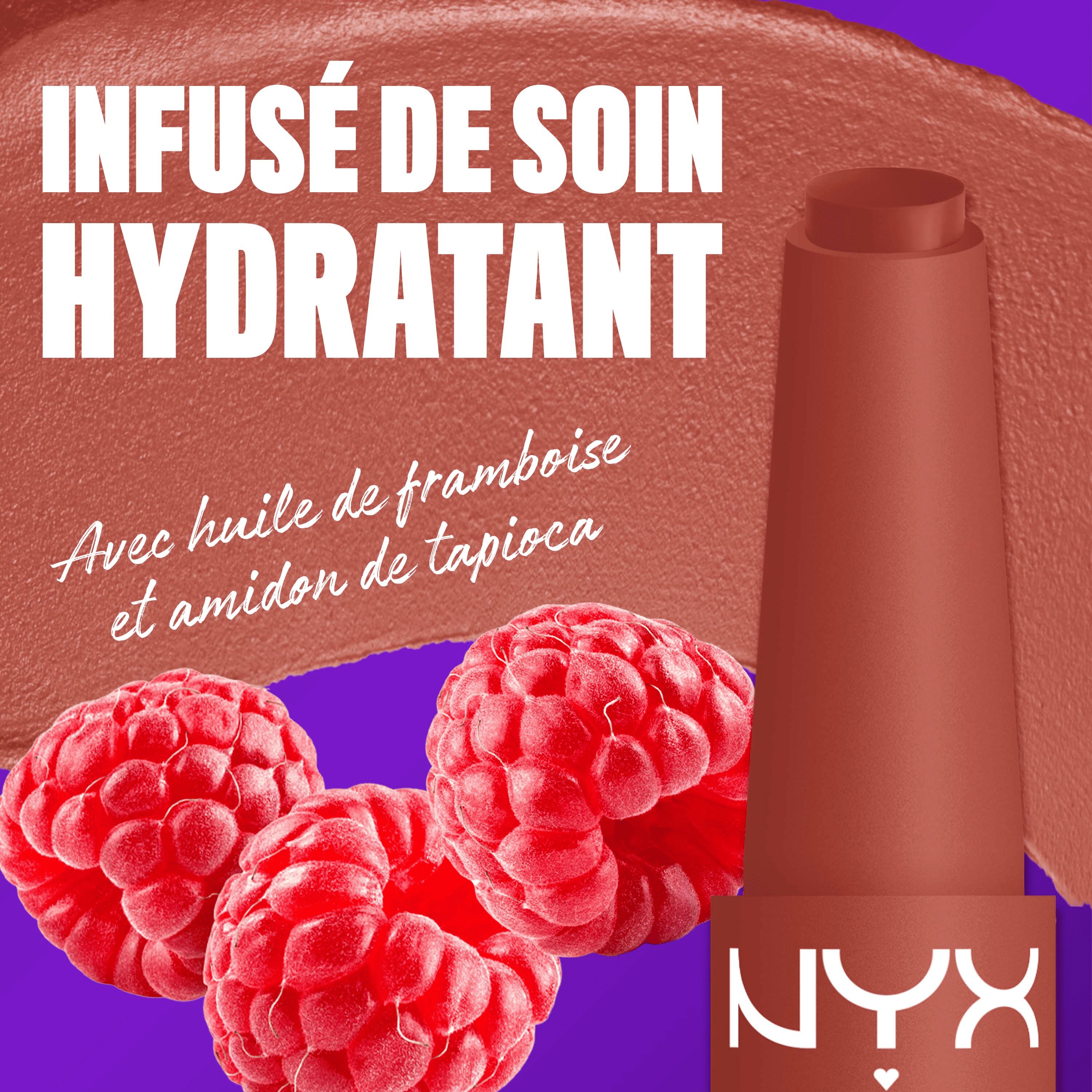 NYX Professional Makeup Fat Matte Smooth Color Lipstick infused with raspberry oil and tapioca powder for soft, smooth creamy matte lip color.