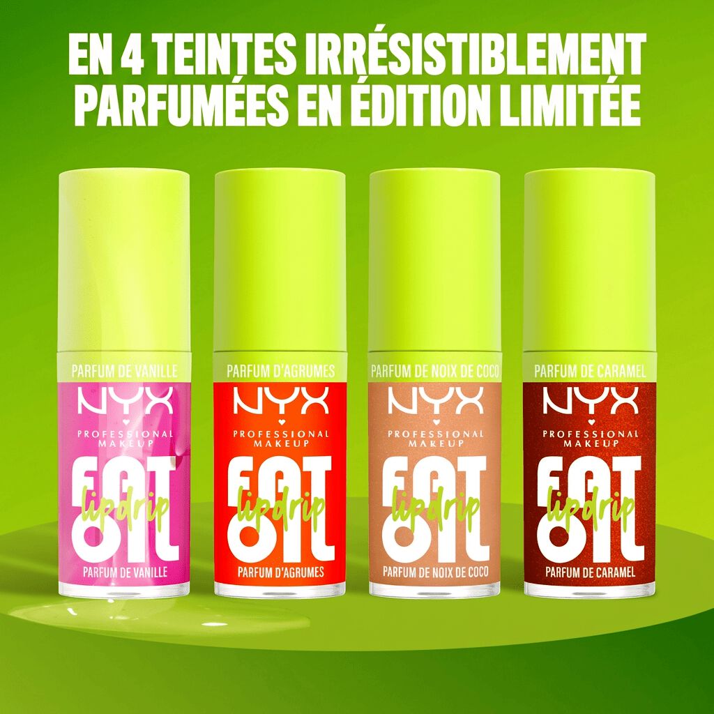 Lineup of four newest NYX Professional Makeup Fat Oil Lip Drip shades, showcasing glossy finishes with different scent profiles.