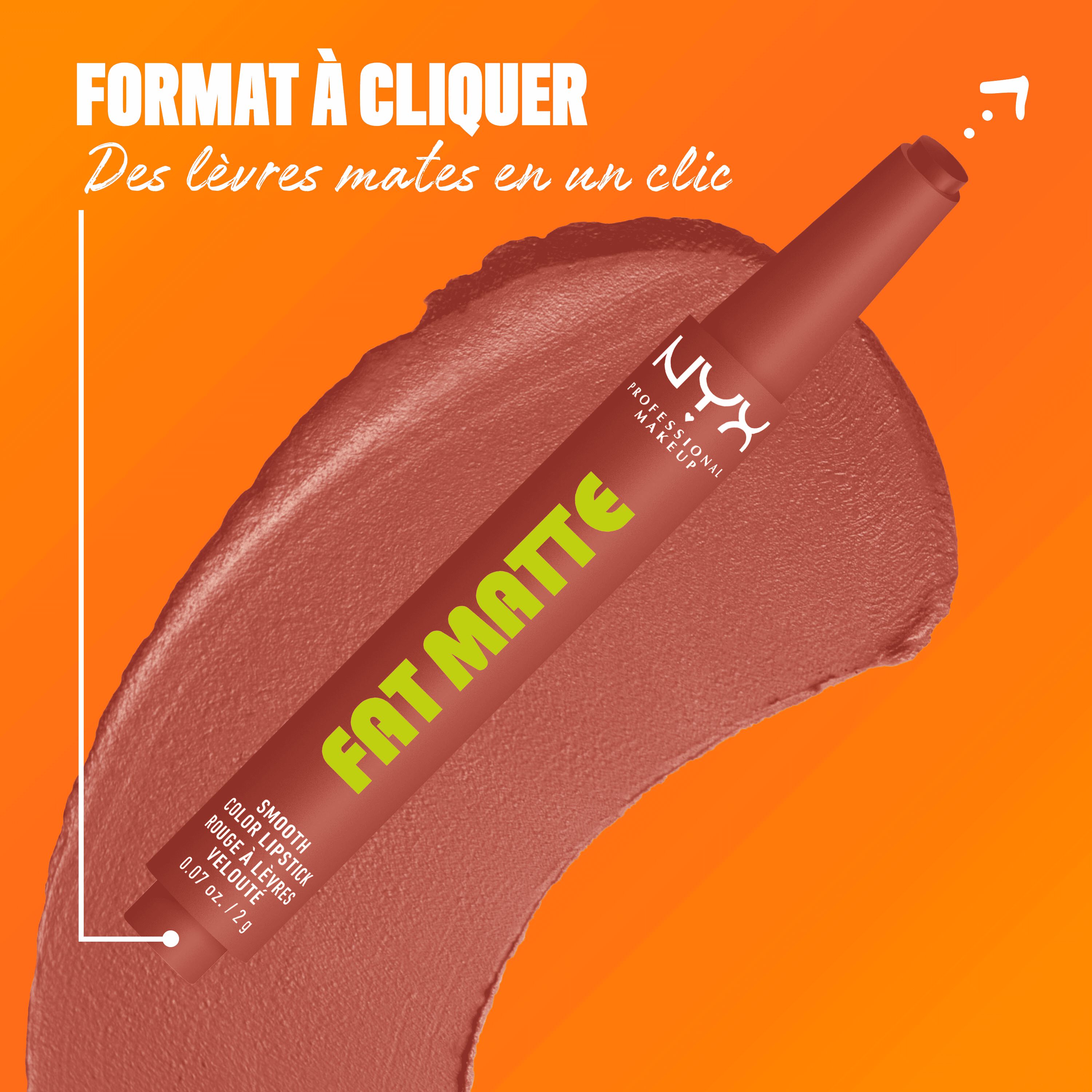NYX Professional Makeup Fat Matte Smooth Color Lipstick in rose nude shade Rose Robe, showing the click-pen applicator format and shade swatch, highlighting easy, mess-free matte lipstick application.