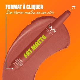 NYX Professional Makeup Fat Matte Smooth Color Lipstick in rose nude shade Rose Robe, showing the click-pen applicator format and shade swatch, highlighting easy, mess-free matte lipstick application.