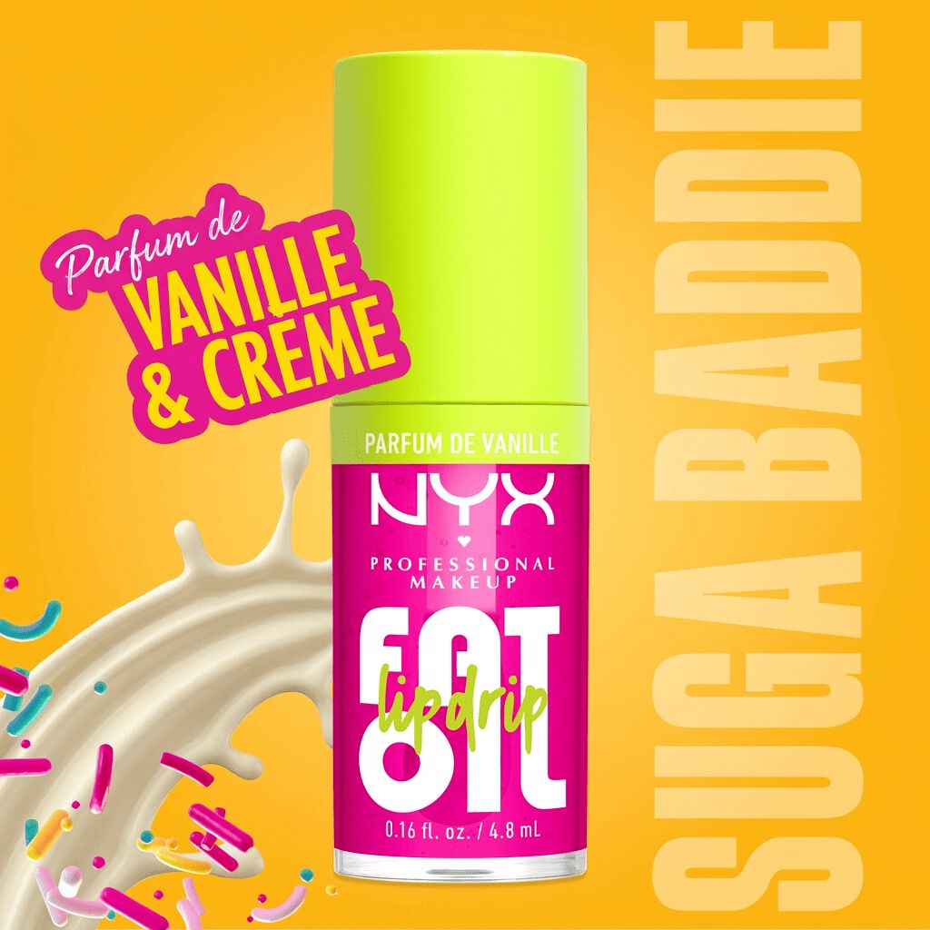 NYX Professional Makeup Fat Oil Lip Drip lip gloss in bright pink packaging with lime green cap, vanilla cream scent callout, and creamy splash with colorful sprinkles on yellow background.