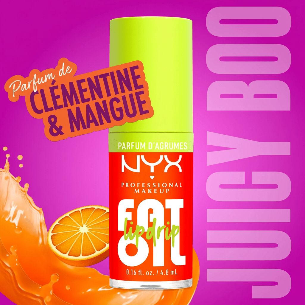 NYX Professional Makeup Fat Oil Lip Drip in Juicy Boo with clementine and mango scent, shown with citrus imagery and glossy lip oil packaging.