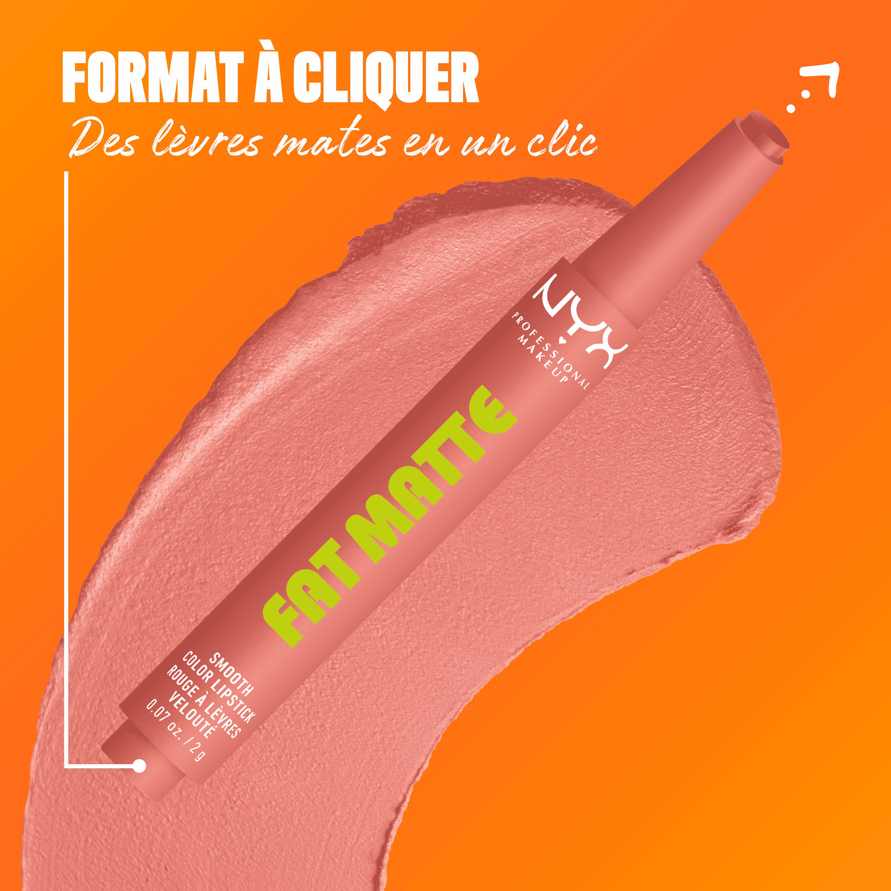 NYX Professional Makeup Fat Matte Smooth Color Lipstick in peachy nude shade Cashmere Cutie, showing the click-pen applicator format and shade swatch, highlighting easy, mess-free matte lipstick application.