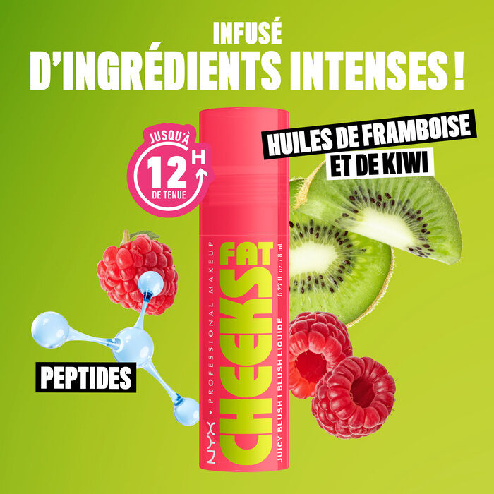 Fat Cheeks Juicy Blush with kiwis, raspberries, and artistic rendering of peptides to show hydrating ingredients