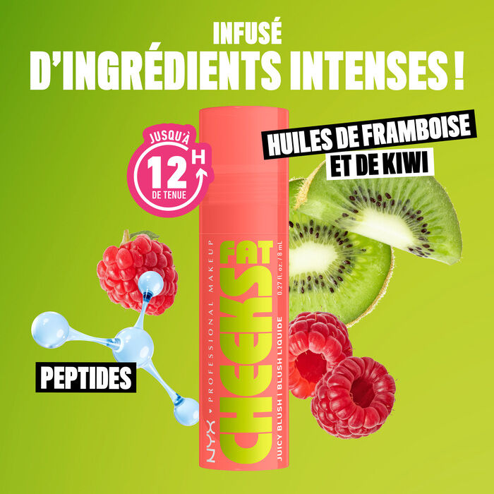 Fat Cheeks Juicy Blush with kiwis, raspberries, and artistic rendering of peptides to show hydrating ingredients