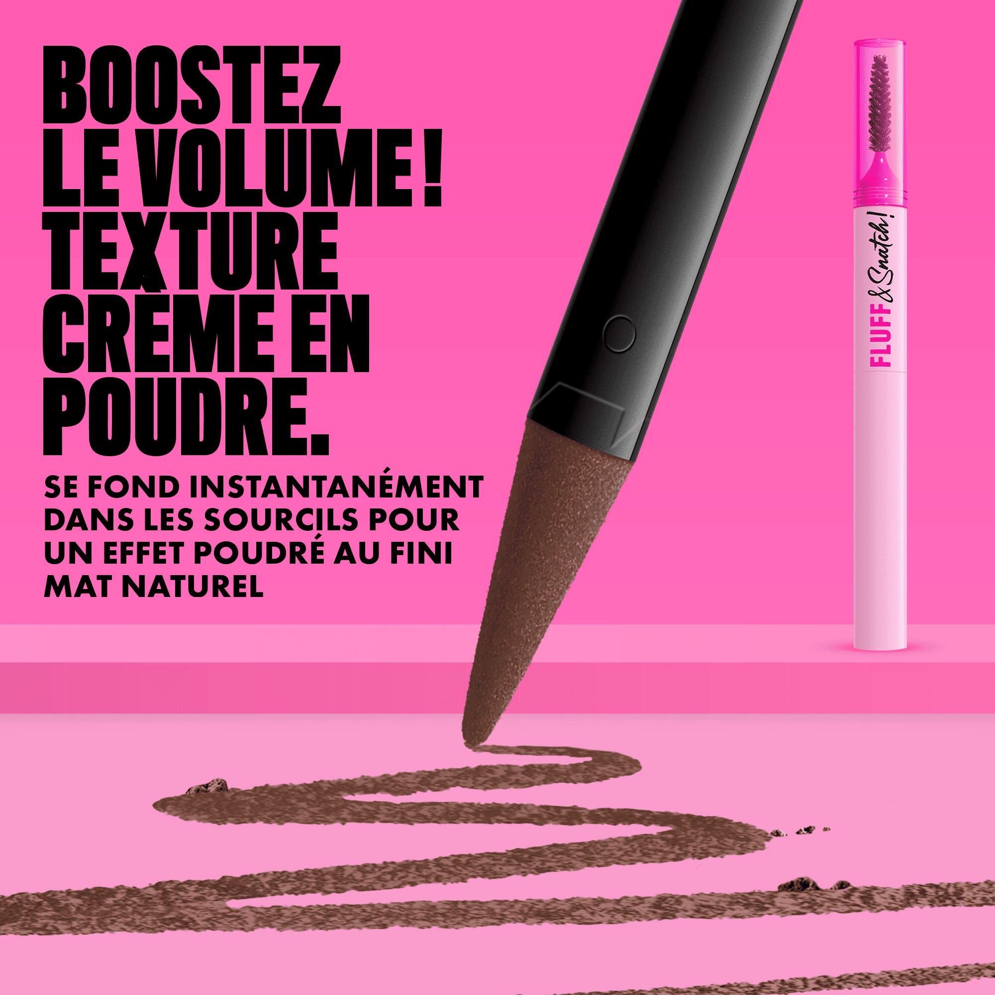 NYX Fluff and Snatch Brow Powder Pen with product swatch and benefits text on a pink background in shade 05 Cool Ash Brown