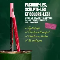 NYX Professional Makeup Lip Lingerie Lip Liner Stain in shade 13 Tied Up, shown with text describing waterproof, transfer-proof, smudge-proof, no-bleed, all-day wear benefits.