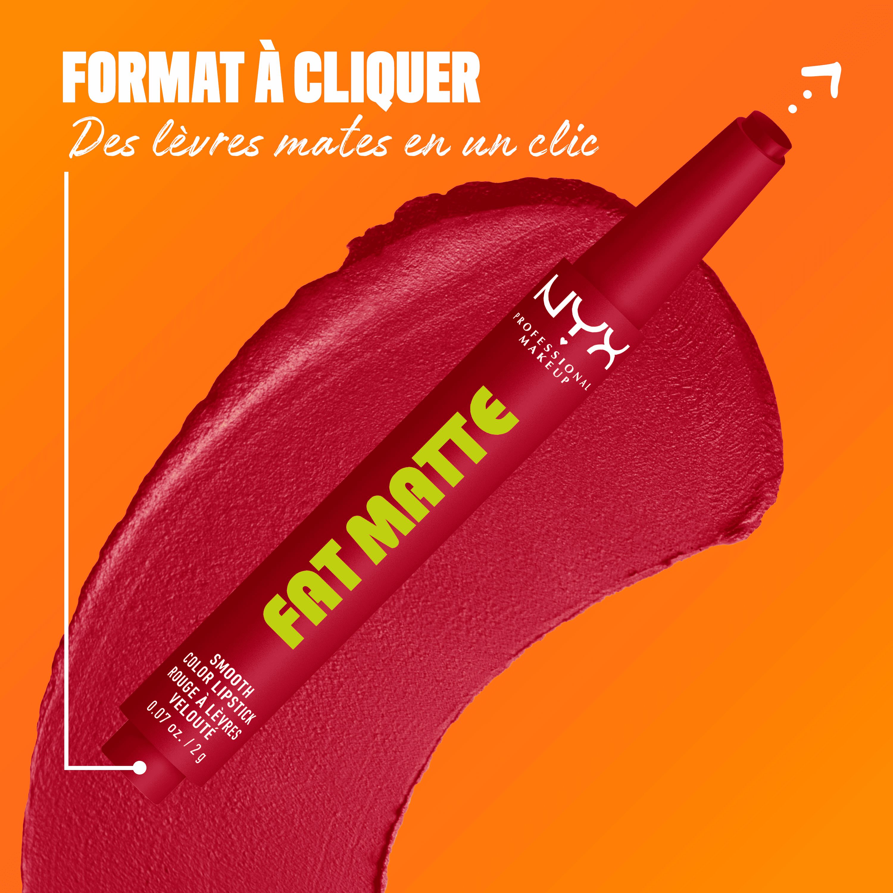 NYX Professional Makeup Fat Matte Smooth Color Lipstick in ruby shade Scarlet Snuggles, showing the click-pen applicator format and shade swatch, highlighting easy, mess-free matte lipstick application.