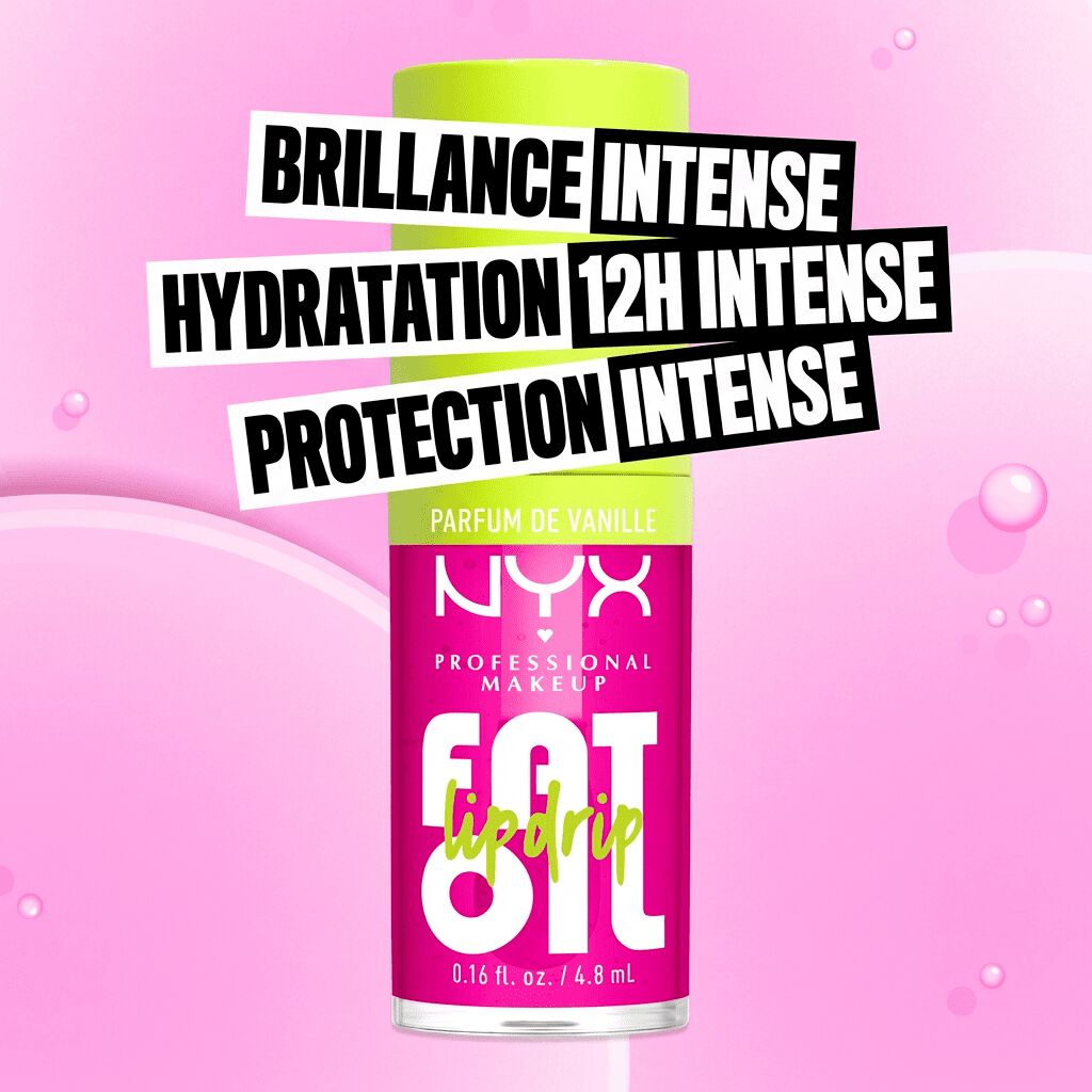 NYX Professional Makeup Fat Oil Lip Drip in vanilla scent with bright pink packaging, highlighting fat shine, 12H hydration, and protection benefits.