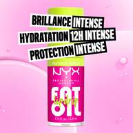 NYX Professional Makeup Fat Oil Lip Drip in vanilla scent with bright pink packaging, highlighting fat shine, 12H hydration, and protection benefits.