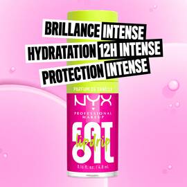 NYX Professional Makeup Fat Oil Lip Drip in vanilla scent with bright pink packaging, highlighting fat shine, 12H hydration, and protection benefits.