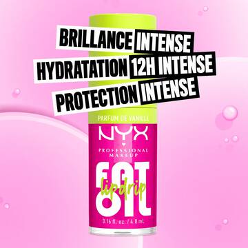 NYX Professional Makeup Fat Oil Lip Drip in vanilla scent with bright pink packaging, highlighting fat shine, 12H hydration, and protection benefits.