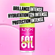 NYX Professional Makeup Fat Oil Lip Drip in vanilla scent with bright pink packaging, highlighting fat shine, 12H hydration, and protection benefits.