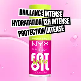 NYX Professional Makeup Fat Oil Lip Drip in vanilla scent with bright pink packaging, highlighting fat shine, 12H hydration, and protection benefits.