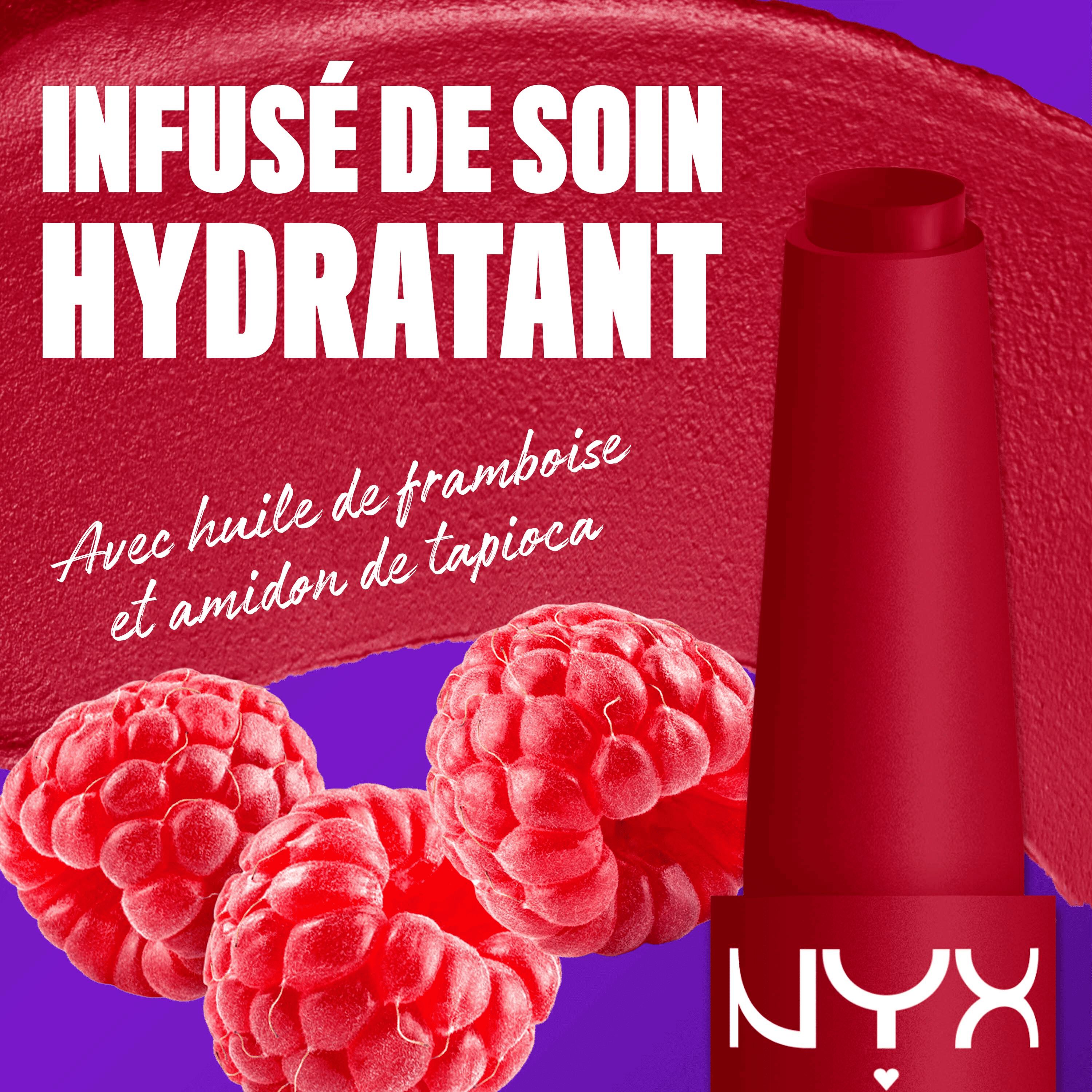 NYX Professional Makeup Fat Matte Smooth Color Lipstick infused with raspberry oil and tapioca powder for soft, smooth creamy matte lip color.
