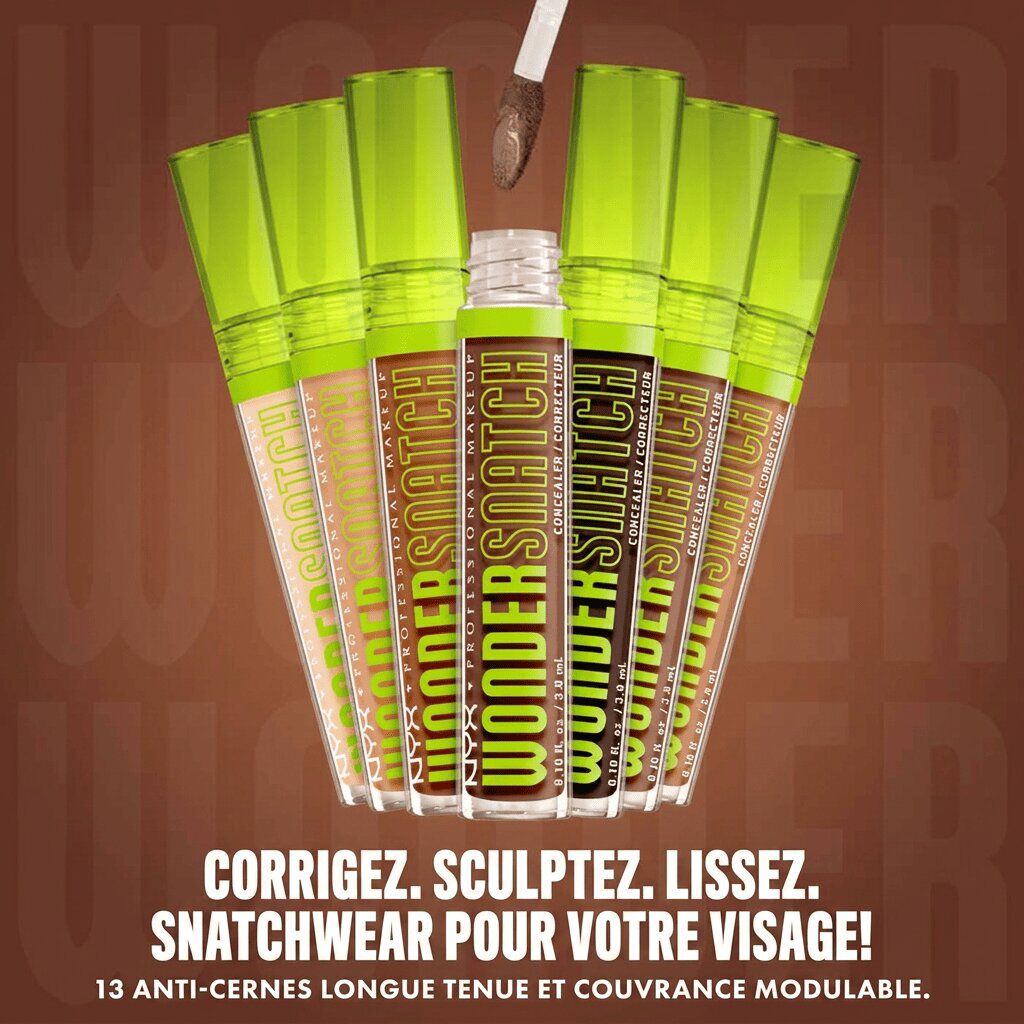 Sample of Wonder Snatch(TM) Concealer shades with text: "Conceal. Shape. Snatch. Snatchwear for your face! 23 longwear, buildable coverage concealers."