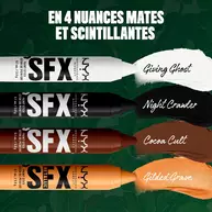 NYX Professional Makeup Party Animals SFX Face & Body Paint Sticks in six shades: white, black, brown, pink, metallic silver and metallic gold.