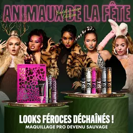 NYX Professional Makeup Party Animals collection displayed with models wearing animal-inspired makeup beside the limited-edition collection.