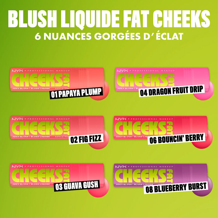 All six shades of Fat Cheeks Juicy Blush labeled with their shade names and text "In 6 Freshly Squeezed Shades"