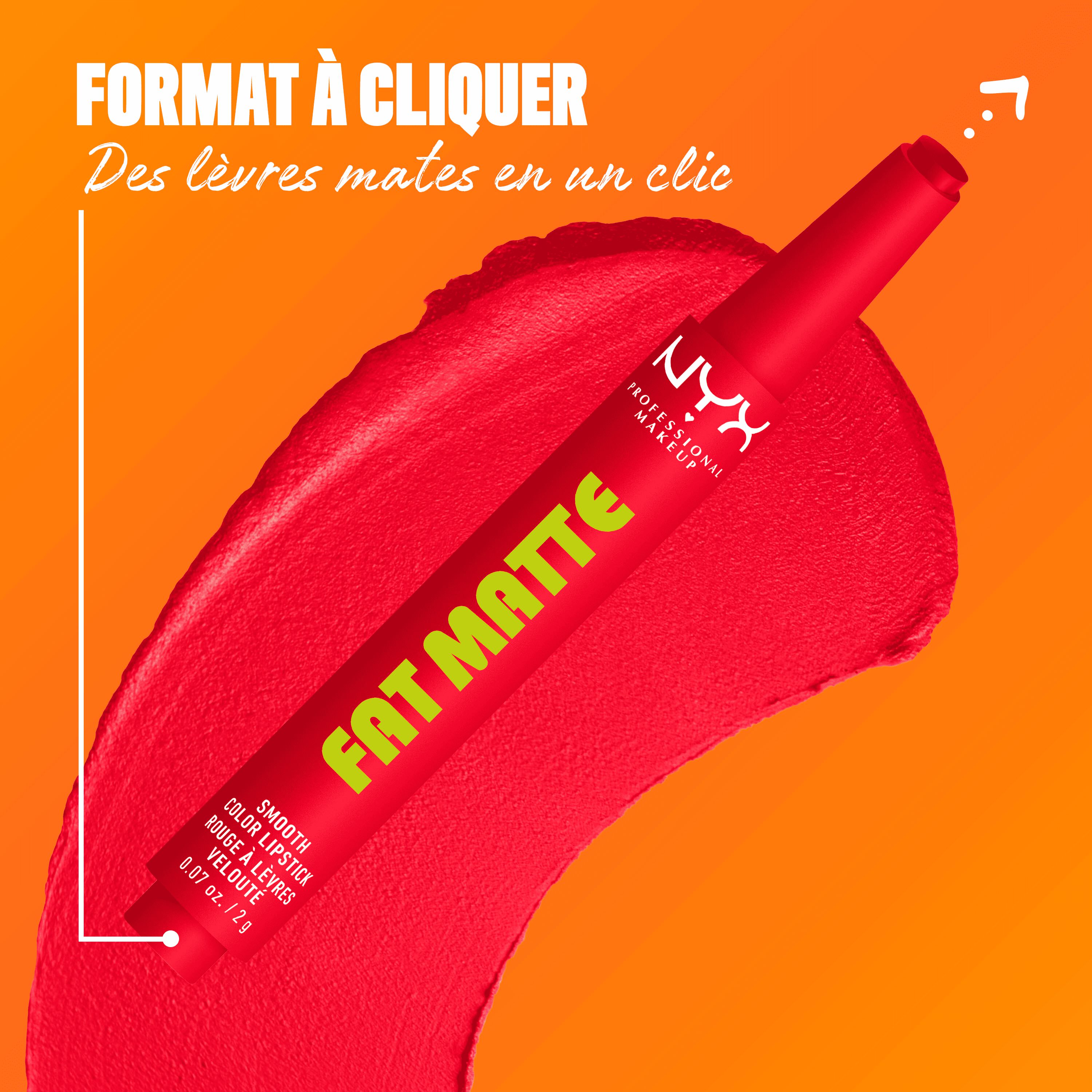 NYX Professional Makeup Fat Matte Smooth Color Lipstick in red shade Fuzzy Flame, showing the click-pen applicator format and shade swatch, highlighting easy, mess-free matte lipstick application.