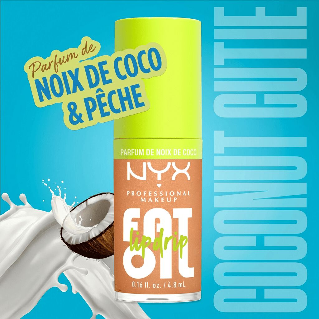 Fat Oil Lip Drip lip gloss in Coconut Cutie shade, featuring coconut and peach scent with high-shine finish and hydrating formula in tube packaging.