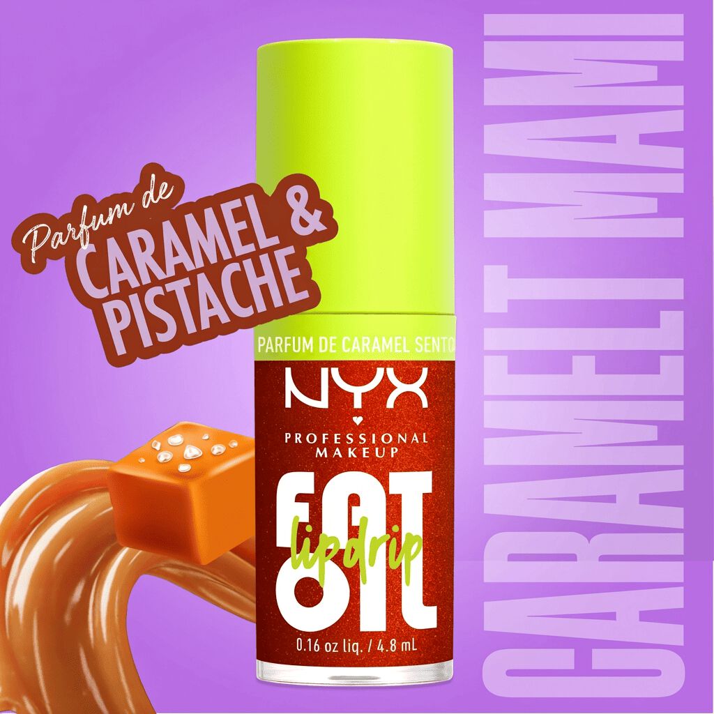 Fat Oil Lip Drip high-shine lip gloss in Caramelt Mami shade with caramel and pistachio scent, shown in bright packaging with applicator and caramel swirl background.
