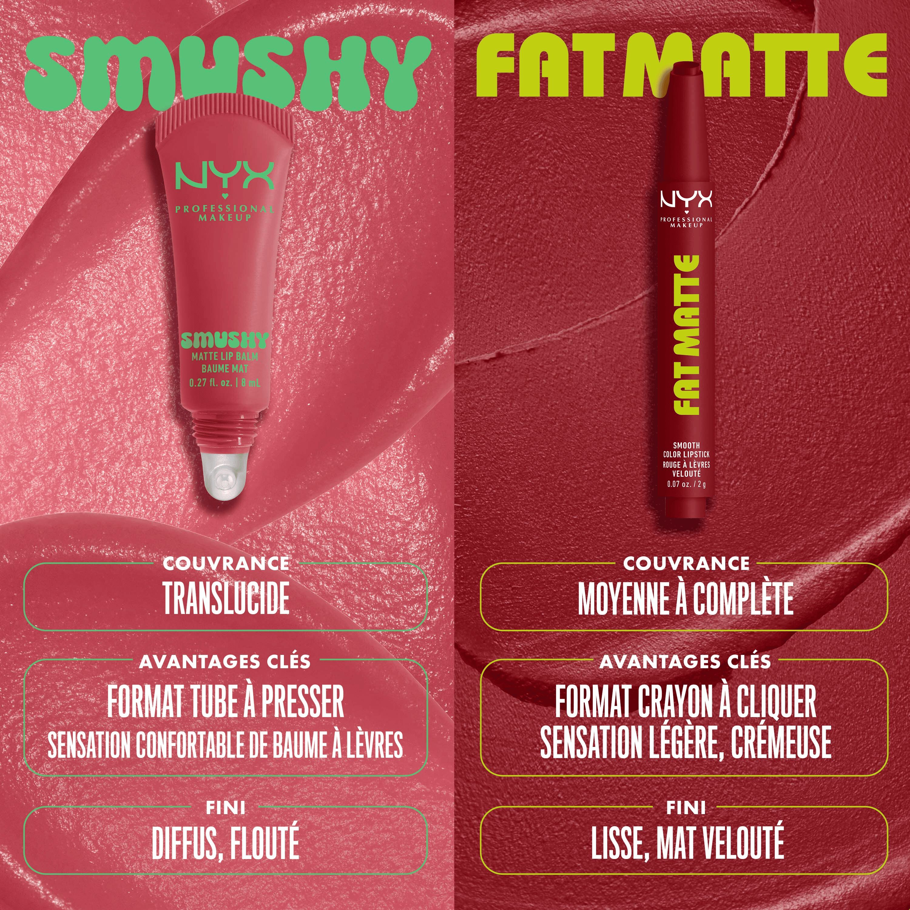 Comparison image of NYX Professional Makeup Smushy Matte Lip Balm versus Fat Matte Smooth Color Lipstick, showing Smushy's sheer coverage and blurred finish in a squeeze tube against Fat Matte's medium-to-full coverage, smooth & plush matte finish in a click-pen format.