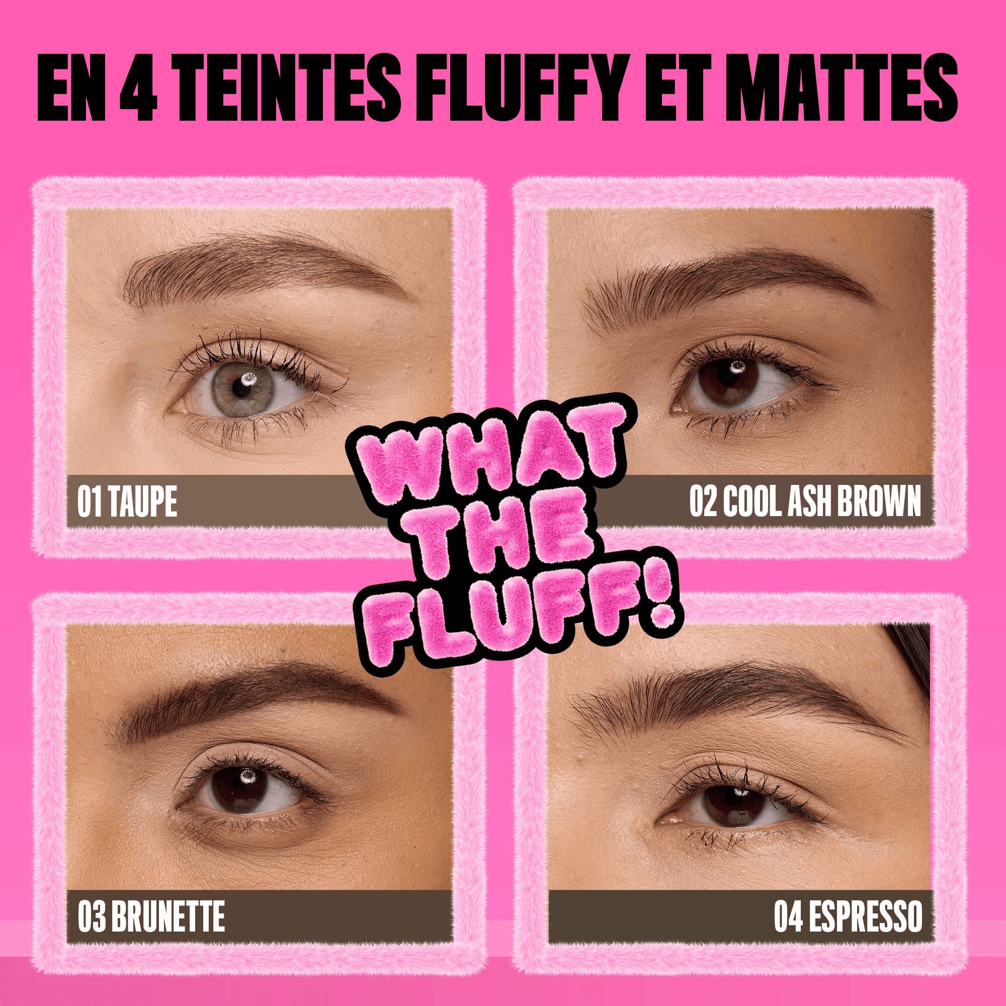 Nine brow macros in the shades of NYX Professional Makeup Fluff and Snatch Brow Powder Pen, pink background.