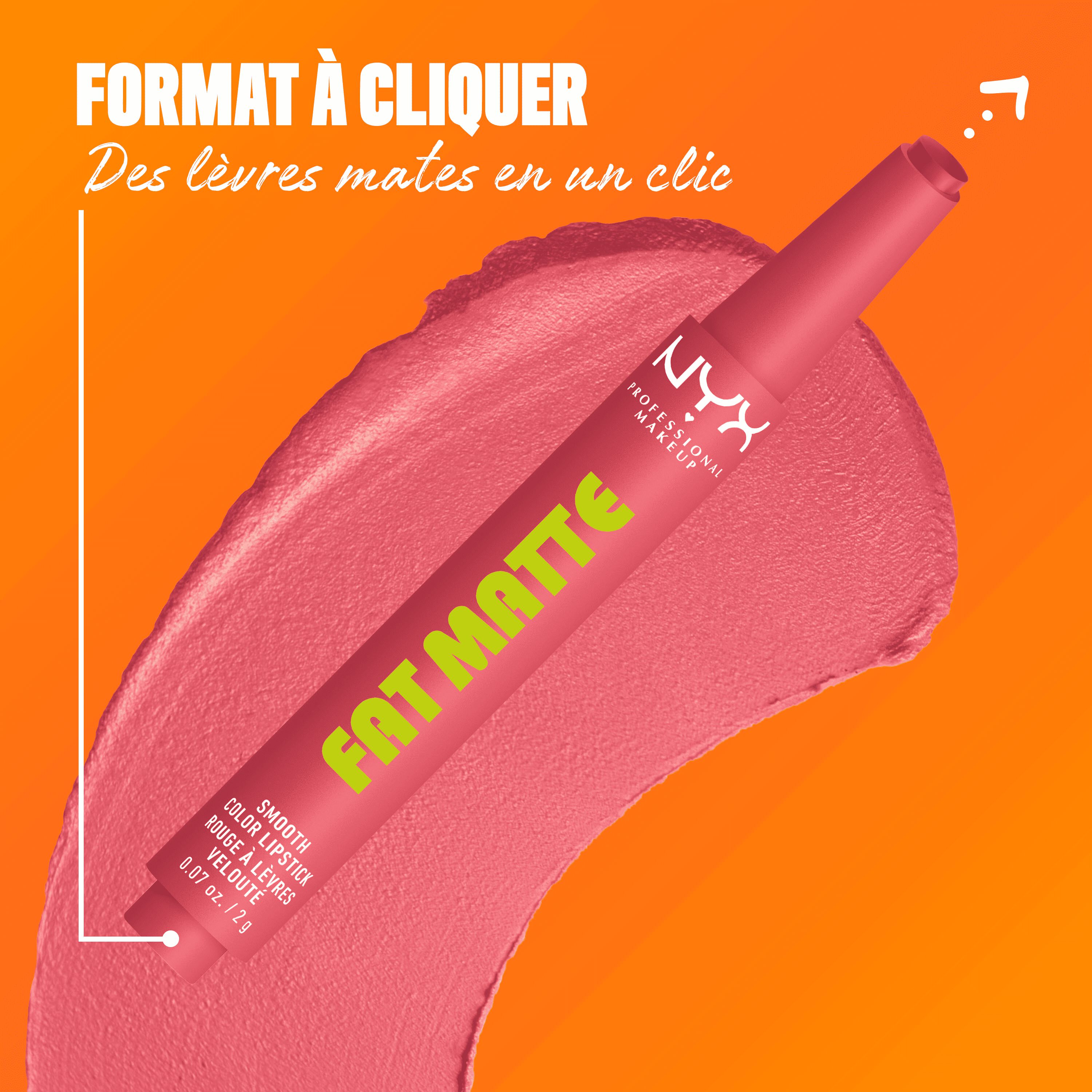 NYX Professional Makeup Fat Matte Smooth Color Lipstick in cool pink shade Pink Puff, showing the click-pen applicator format and shade swatch, highlighting easy, mess-free matte lipstick application.