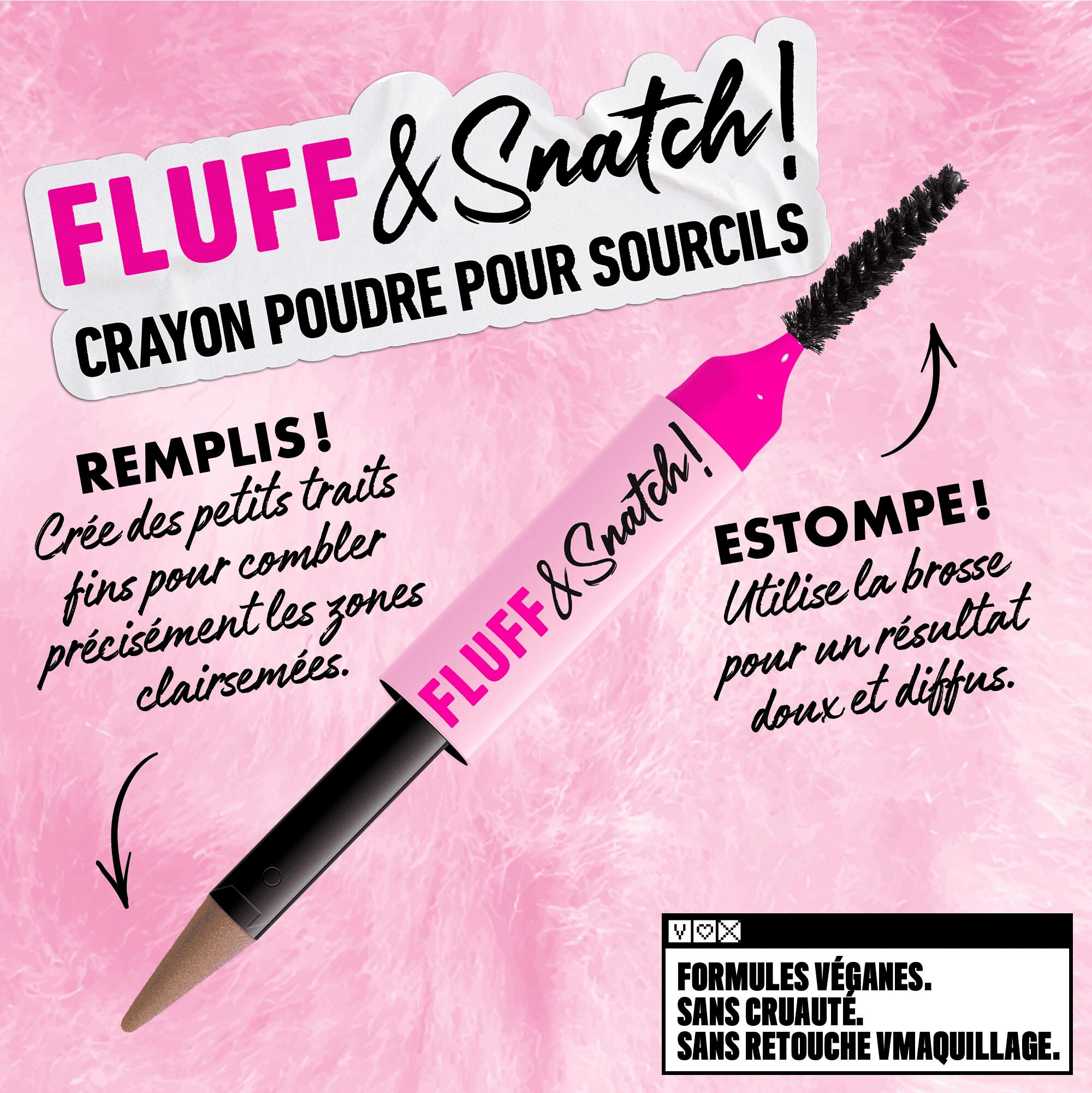 NYX Professional Makeup Fluff and Snatch Brow Powder Pen with fill and blend instructions, pink background in shade07 Espesso
