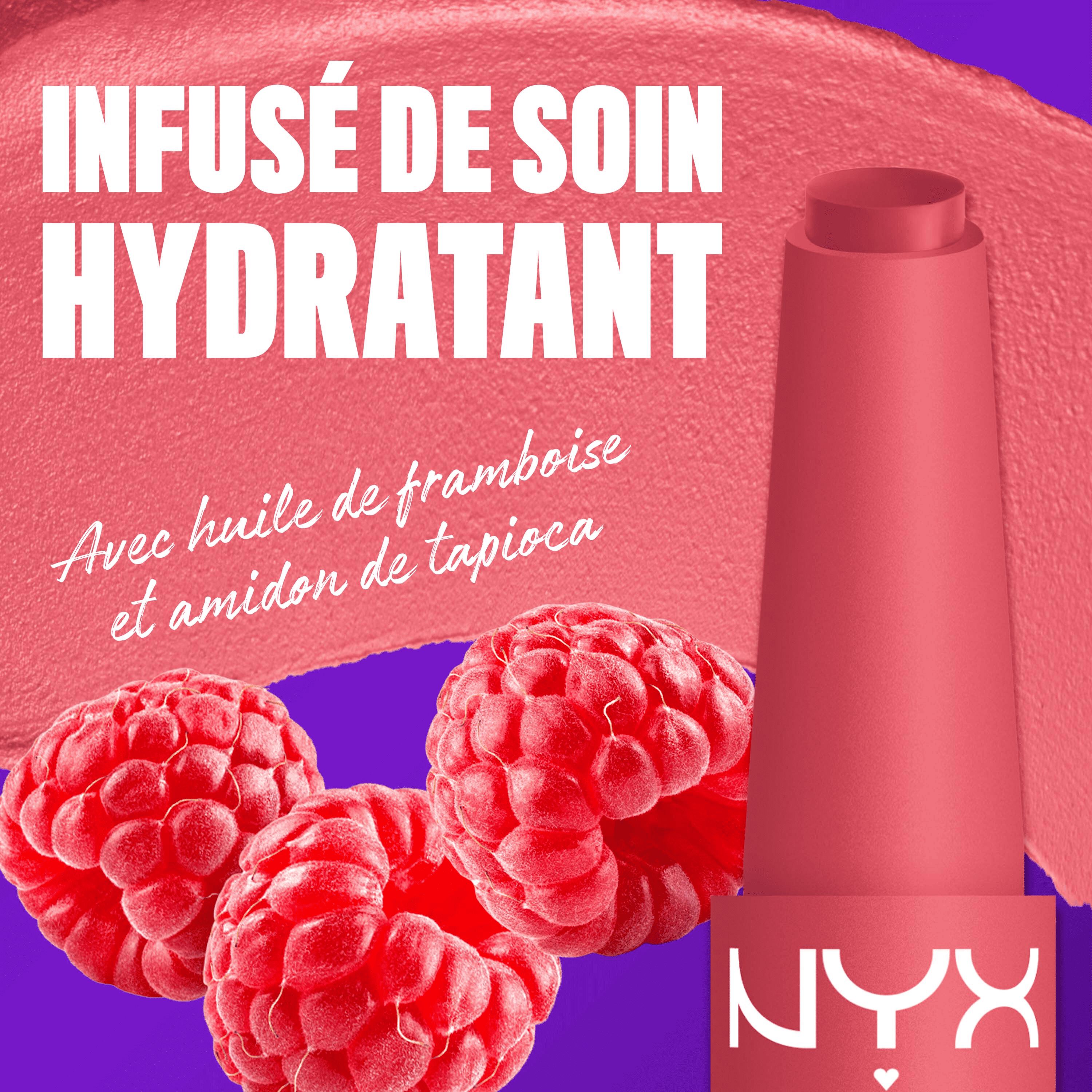 NYX Professional Makeup Fat Matte Smooth Color Lipstick infused with raspberry oil and tapioca powder for soft, smooth creamy matte lip color.