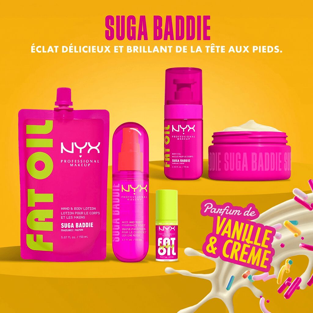 NYX Professional Makeup Fat Oil Suga Baddie collection product shot on yellow/orange background showing Fat Oil Lip Drip lip gloss and other Suga Baddie products.