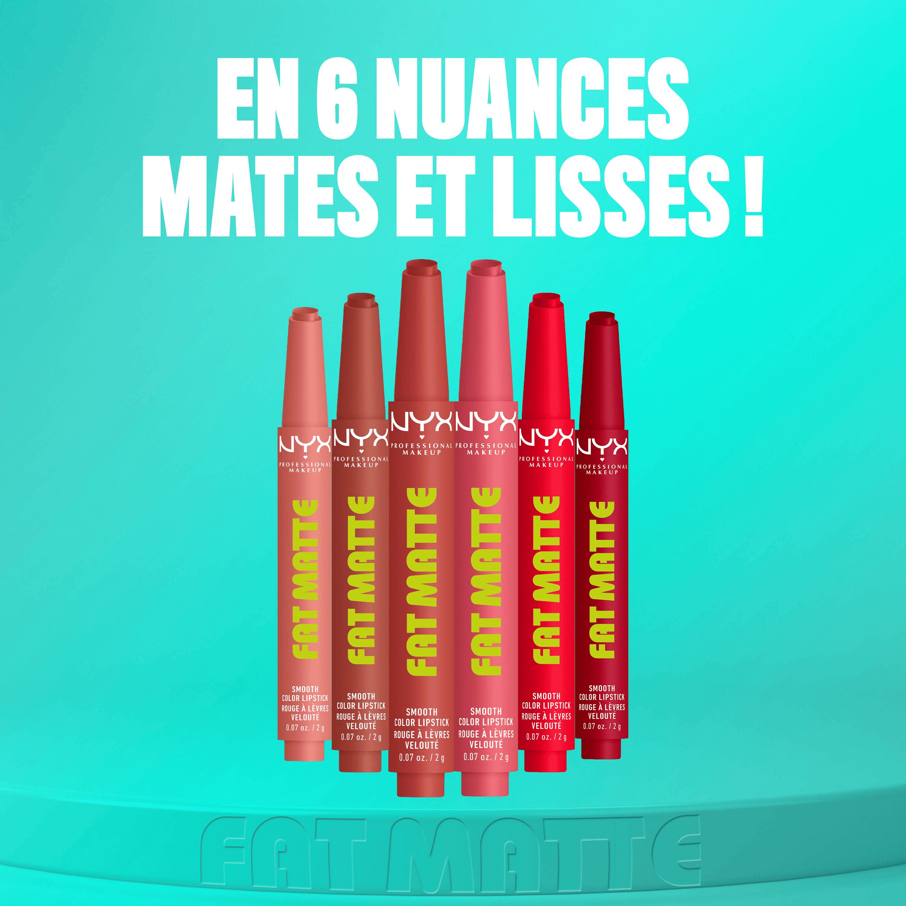 Full shade range of NYX Professional Makeup Fat Matte Smooth Color Lipstick showing all 17 matte shades from beige nude to deep currant, displayed in click-pen format on a teal background.