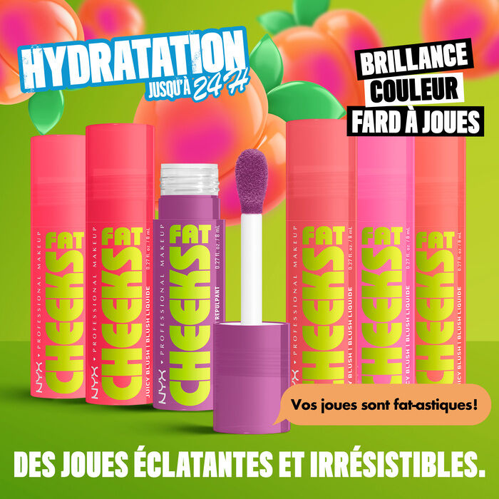 All shades of Fat Cheeks blush lined up with Blueberry Burst open to show applicator and text "hydration up to 24H"