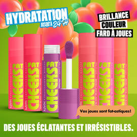 All shades of Fat Cheeks blush lined up with Blueberry Burst open to show applicator and text "hydration up to 24H"