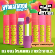 All shades of Fat Cheeks blush lined up with Blueberry Burst open to show applicator and text "hydration up to 24H"