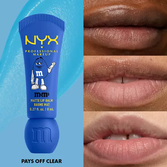 NYX Professional Makeup M&M’S Smushy Surprize Matte Lip Balm in Blue, shown with clear finish on lips of various skin tones.